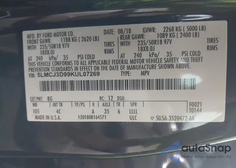 2019 Lincoln Mkc Reserve z USA, uszkodzony, nr VIN 5LMCJ3D99KUL07269